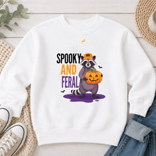 Load image into Gallery viewer, Spooky And Feral Raccoon Halloween design on White crewneck sweatshirt