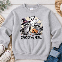 Load image into Gallery viewer, Spooky And Feral Raccoons Halloween design on Ash Grey crewneck sweatshirt