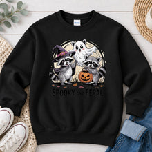 Load image into Gallery viewer, Spooky And Feral Raccoons Halloween design on Black crewneck sweatshirt