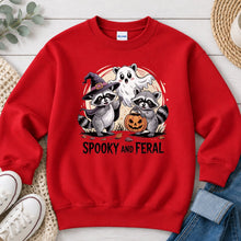 Load image into Gallery viewer, Spooky And Feral Raccoons Halloween design on Red crewneck sweatshirt