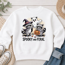 Load image into Gallery viewer, Spooky And Feral Raccoons Halloween design on White crewneck sweatshirt