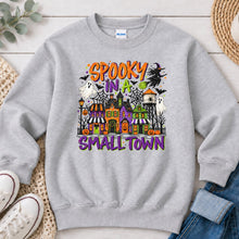 Load image into Gallery viewer, Spooky In A Small Town Halloween design on Ash Grey crewneck sweatshirt