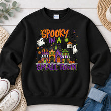 Load image into Gallery viewer, Spooky In A Small Town Halloween design on Black crewneck sweatshirt