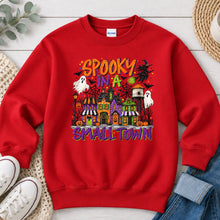 Load image into Gallery viewer, Spooky In A Small Town Halloween design on Red crewneck sweatshirt