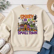 Load image into Gallery viewer, Spooky In A Small Town Halloween design on Sand crewneck sweatshirt