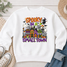 Load image into Gallery viewer, Spooky In A Small Town Halloween design on White crewneck sweatshirt