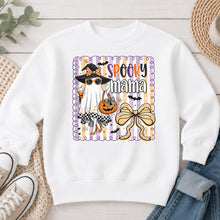 Load image into Gallery viewer, Spooky Mama Ghost Halloween design on White crewneck sweatshirt