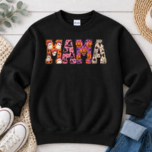 Load image into Gallery viewer, Spooky Patchwork Mama Halloween design on Black crewneck sweatshirt