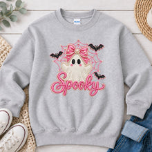 Load image into Gallery viewer, Spooky Pink Bow Ghost Web Halloween design on Ash Grey crewneck sweatshirt