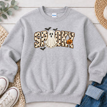 Load image into Gallery viewer, Spooky Polka Dot Ghost Halloween design on Ash Grey crewneck sweatshirt