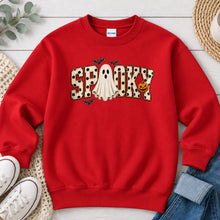 Load image into Gallery viewer, Spooky Polka Dot Ghost Halloween design on Red crewneck sweatshirt