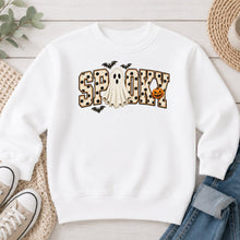 Load image into Gallery viewer, Spooky Polka Dot Ghost Halloween design on White crewneck sweatshirt
