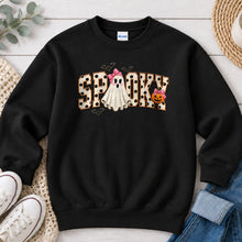 Load image into Gallery viewer, Spooky Polka Dot Pink Bow Ghost Halloween design on Black crewneck sweatshirt