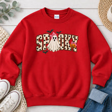 Load image into Gallery viewer, Spooky Polka Dot Pink Bow Ghost Halloween design on Red crewneck sweatshirt
