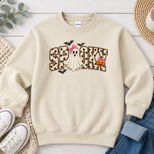 Load image into Gallery viewer, Spooky Polka Dot Pink Bow Ghost Halloween design on Sand crewneck sweatshirt