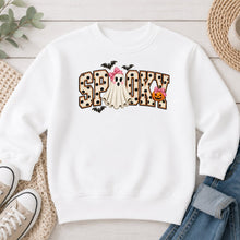 Load image into Gallery viewer, Spooky Polka Dot Pink Bow Ghost Halloween design on White crewneck sweatshirt