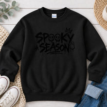 Load image into Gallery viewer, Spooky Season Graffiti Halloween design on Black crewneck sweatshirt