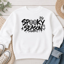 Load image into Gallery viewer, Spooky Season Graffiti Halloween design on White crewneck sweatshirt