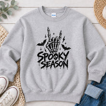 Load image into Gallery viewer, Spooky Season Skeleton Hand Halloween design on Ash Grey crewneck sweatshirt