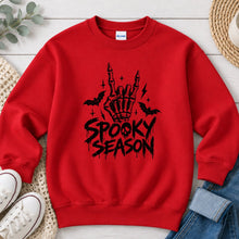 Load image into Gallery viewer, Spooky Season Skeleton Hand Halloween design on Red crewneck sweatshirt