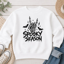 Load image into Gallery viewer, Spooky Season Skeleton Hand Halloween design on White crewneck sweatshirt