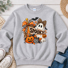 Load image into Gallery viewer, Spooky Sign Ghost Leopard Bow Halloween design on Ash Grey crewneck sweatshirt