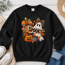 Load image into Gallery viewer, Spooky Sign Ghost Leopard Bow Halloween design on Black crewneck sweatshirt