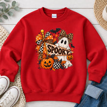Load image into Gallery viewer, Spooky Sign Ghost Leopard Bow Halloween design on Red crewneck sweatshirt