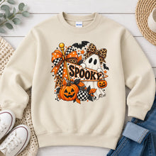 Load image into Gallery viewer, Spooky Sign Ghost Leopard Bow Halloween design on Sand crewneck sweatshirt