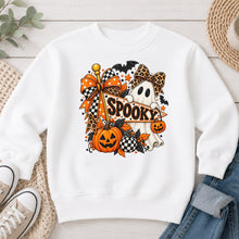 Load image into Gallery viewer, Spooky Sign Ghost Leopard Bow Halloween design on White crewneck sweatshirt