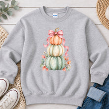 Load image into Gallery viewer, Stacked Pastel Pumpkins Pink Bow Fall design on Ash Grey crewneck sweatshirt