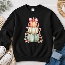 Load image into Gallery viewer, Stacked Pastel Pumpkins Pink Bow Fall design on Black crewneck sweatshirt