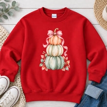 Load image into Gallery viewer, Stacked Pastel Pumpkins Pink Bow Fall design on Red crewneck sweatshirt