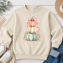 Load image into Gallery viewer, Stacked Pastel Pumpkins Pink Bow Fall design on Sand crewneck sweatshirt