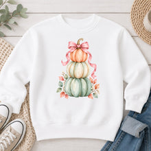 Load image into Gallery viewer, Stacked Pastel Pumpkins Pink Bow Fall design on White crewneck sweatshirt