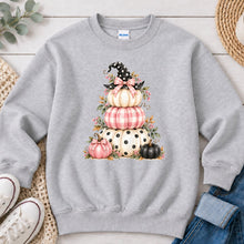Load image into Gallery viewer, Stacked Pink Pumpkins Witch Hat Halloween design on Ash Grey crewneck sweatshirt