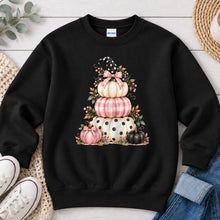Load image into Gallery viewer, Stacked Pink Pumpkins Witch Hat Halloween design on Black crewneck sweatshirt