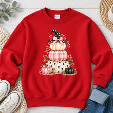 Load image into Gallery viewer, Stacked Pink Pumpkins Witch Hat Halloween design on Red crewneck sweatshirt