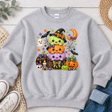 Load image into Gallery viewer, Stacked Pumpkin Monsters Halloween design on Ash Grey crewneck sweatshirt