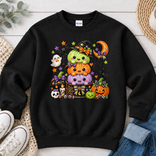 Load image into Gallery viewer, Stacked Pumpkin Monsters Halloween design on Black crewneck sweatshirt