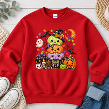 Load image into Gallery viewer, Stacked Pumpkin Monsters Halloween design on Red crewneck sweatshirt