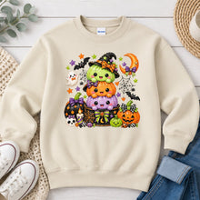 Load image into Gallery viewer, Stacked Pumpkin Monsters Halloween design on Sand crewneck sweatshirt
