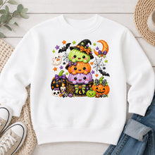 Load image into Gallery viewer, Stacked Pumpkin Monsters Halloween design on White crewneck sweatshirt