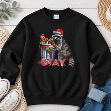 Load image into Gallery viewer, Stay Trashy Raccoon Christmas design on Black crewneck sweatshirt