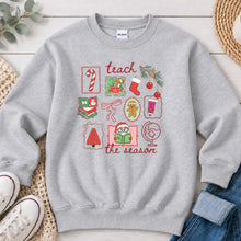 Load image into Gallery viewer, Teach The Season Christmas design on Ash Grey crewneck sweatshirt