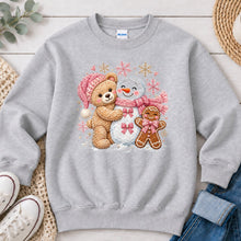 Load image into Gallery viewer, Teddy Bear Snowman Gingerbread Christmas design on Ash Grey crewneck sweatshirt