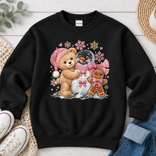 Load image into Gallery viewer, Teddy Bear Snowman Gingerbread Christmas design on Black crewneck sweatshirt