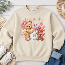 Load image into Gallery viewer, Teddy Bear Snowman Gingerbread Christmas design on Sand crewneck sweatshirt