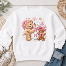 Load image into Gallery viewer, Teddy Bear Snowman Gingerbread Christmas design on White crewneck sweatshirt
