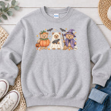 Load image into Gallery viewer, Teddy Bears In Costumes Halloween design on Ash Grey crewneck sweatshirt